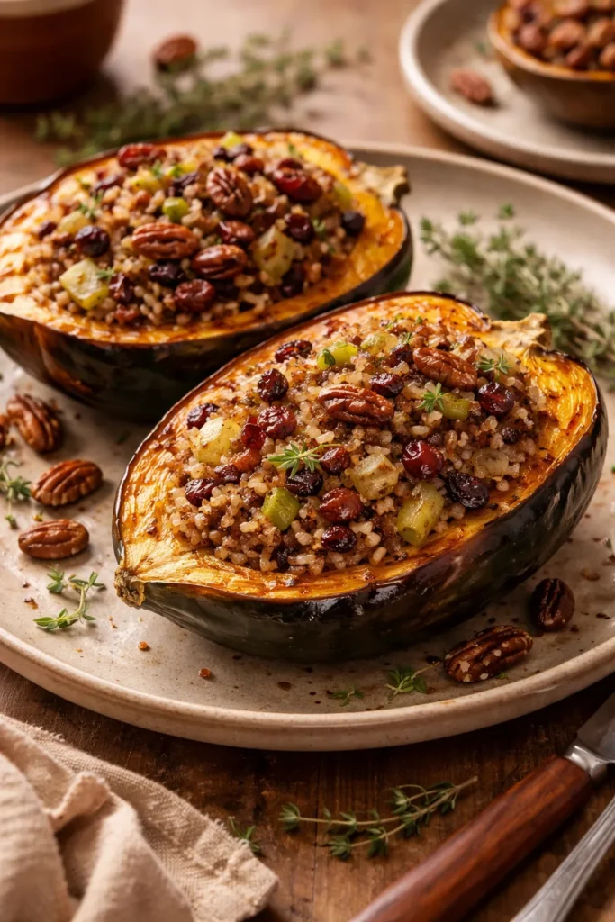 Halved acorn squash stuffed with wild rice and pecans