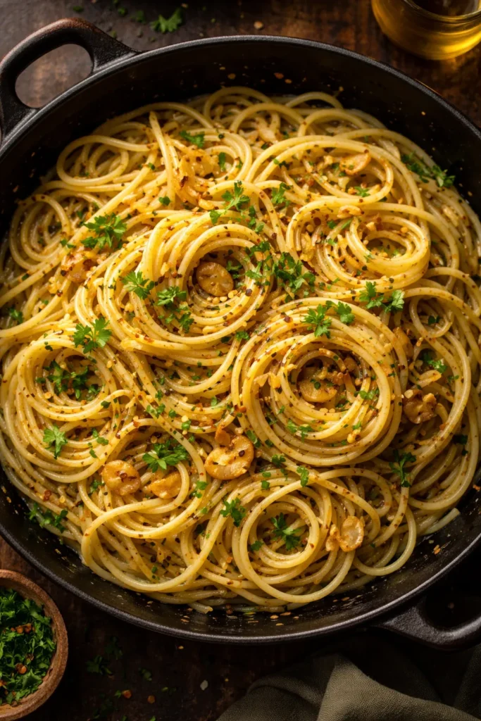 Spaghetti aglio e olio with garlic in olive oil
