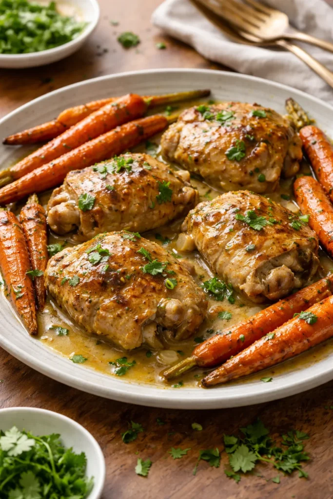 Braised chicken thighs in coconut-ginger sauce with roasted carrots