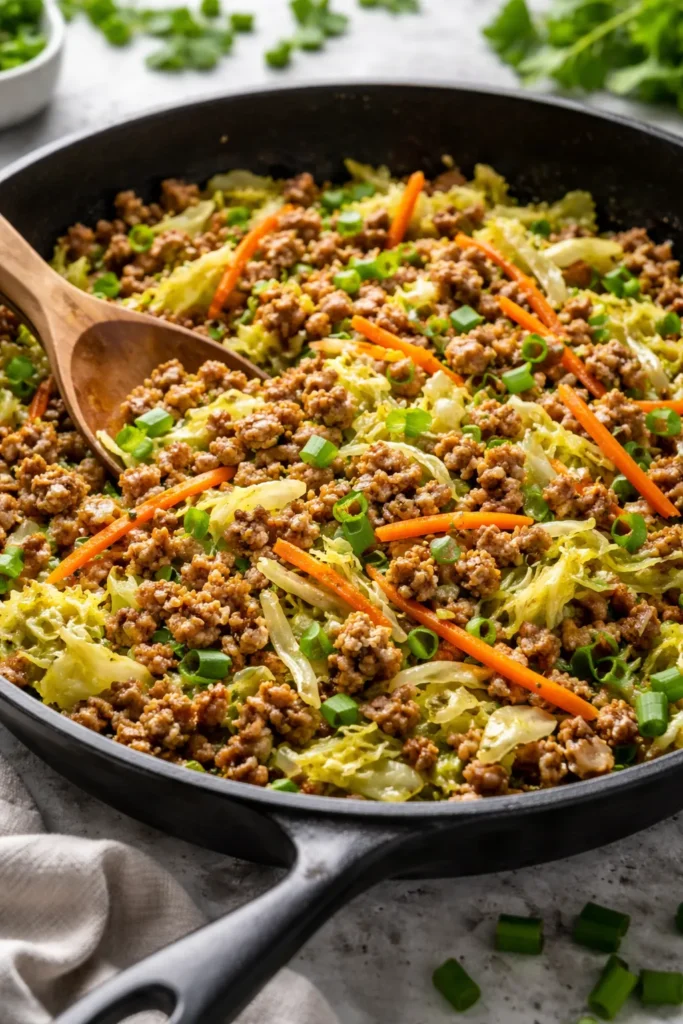 Skillet with cabbage and ground pork in savory AIP egg roll bowl