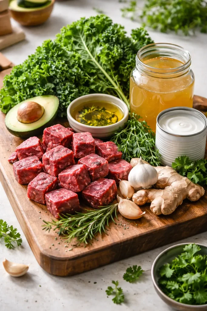 Close up of AIP friendly ingredients on a wooden board with beef greens garlic and ginger
