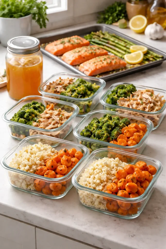 Meal prep scene with containers of cauliflower rice and roasted sweet potatoes, bone broth jar, and sheet pan