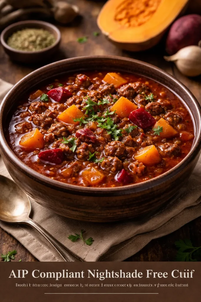 Beet- and butternut squash-based AIP chili in a rustic bowl with beef and onions