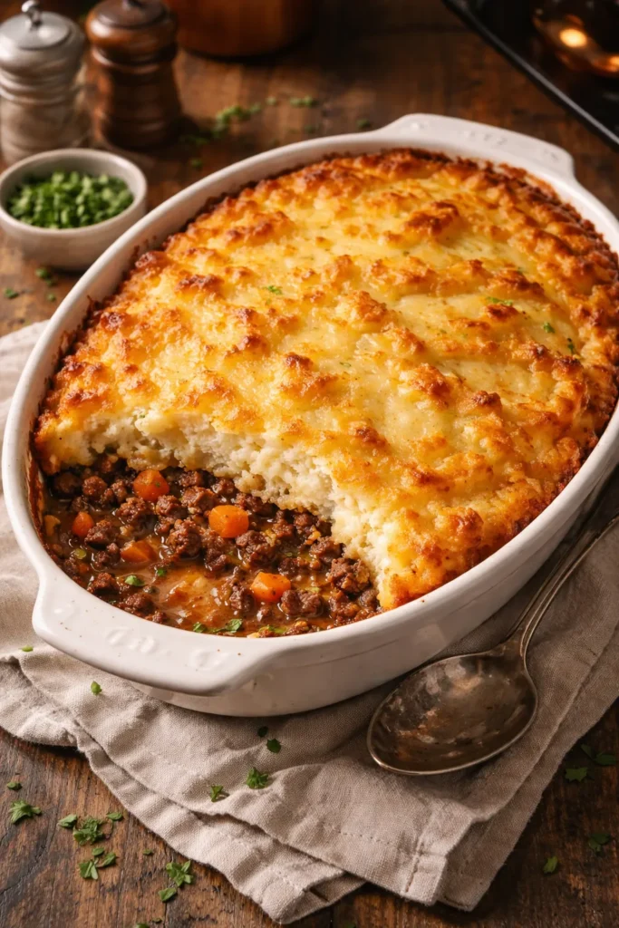 Golden shepherd's pie with cauliflower-sweet potato mash topping in a baking dish