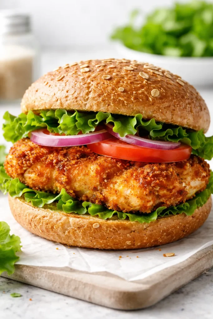 Close-up of Air Fryer Healthy Chicken Sandwich on whole wheat bun with lettuce