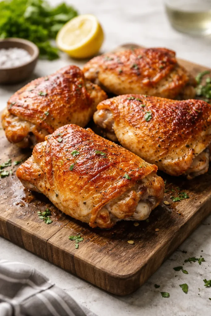 Close-up of crispy air fryer chicken thighs with crackling skin on wooden board