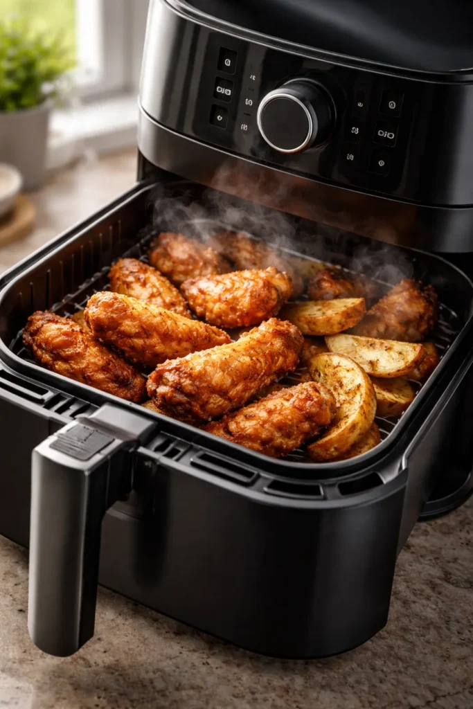 Close-up of an air fryer with crispy food on a rack