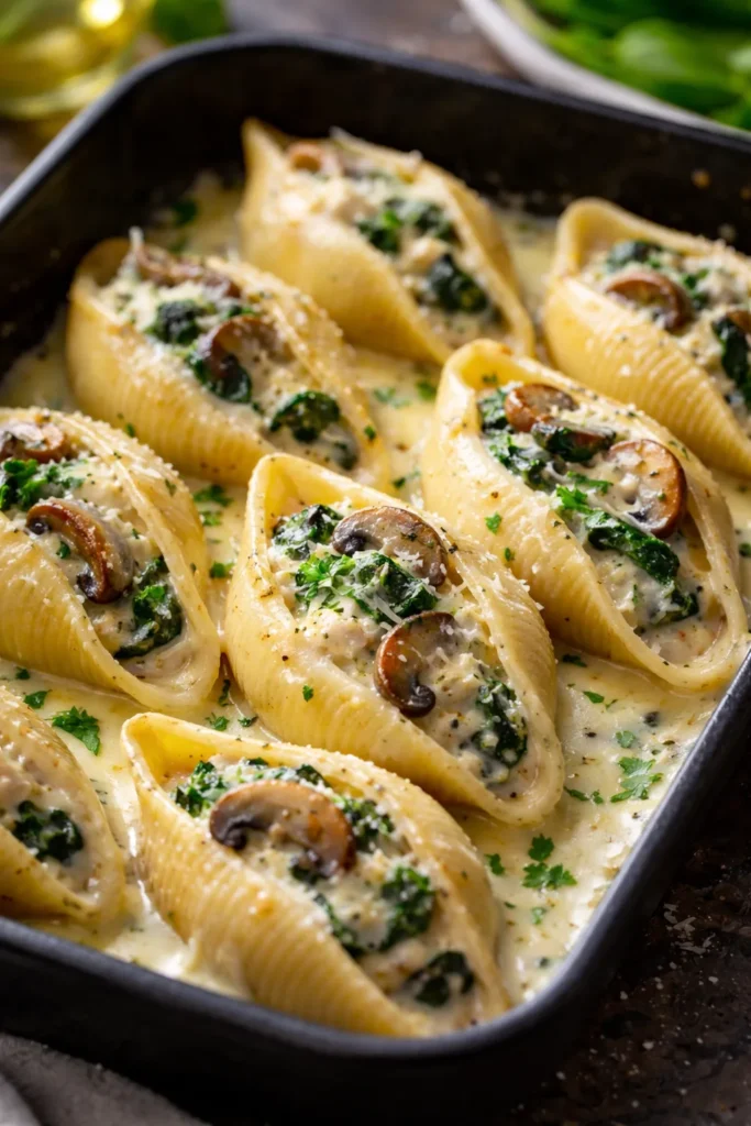 Alfredo stuffed shells with spinach and mushrooms on slate