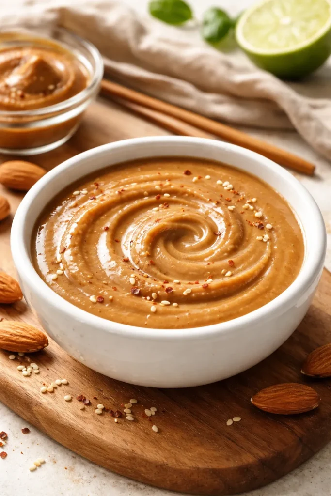 Close-up of creamy almond butter peanut sauce in a small white bowl with a warm background