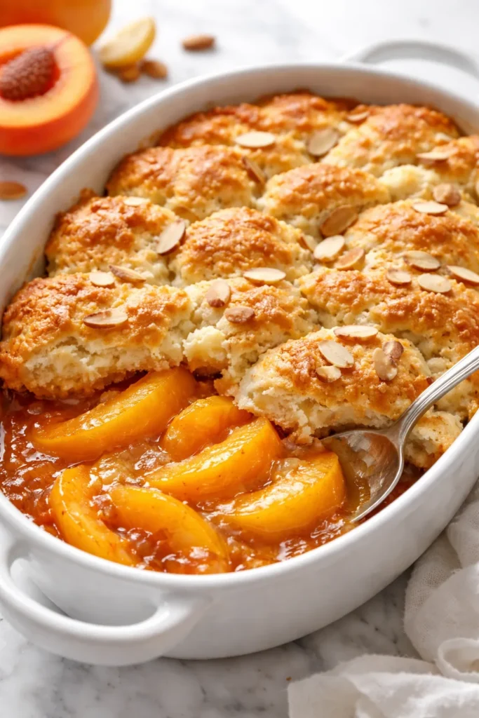 Refined peach cobbler flavored with almond extract and topped with slivered almonds