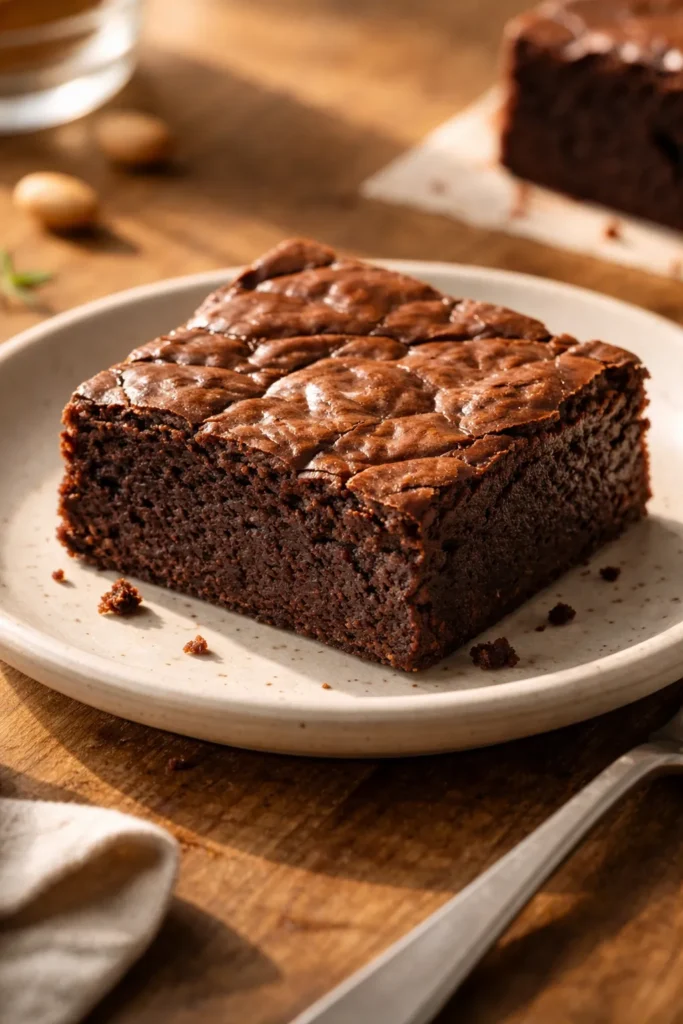 Fudgy almond flour brownie square with crinkly top.