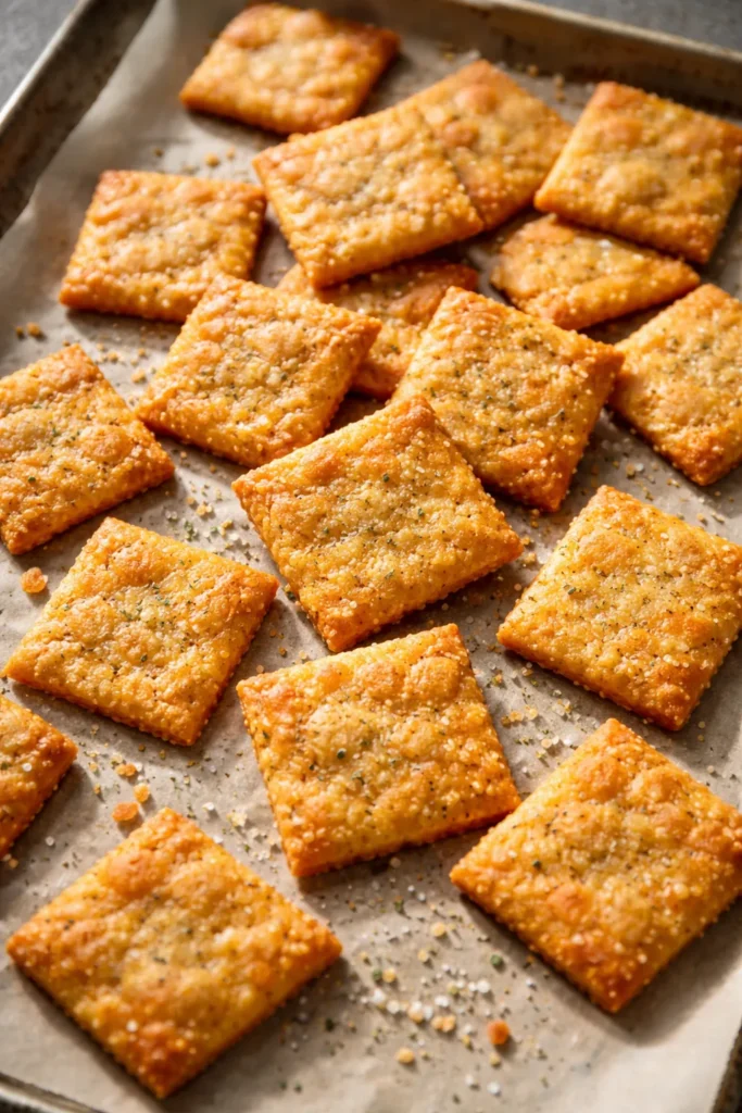 Golden almond flour cheese crackers on parchment