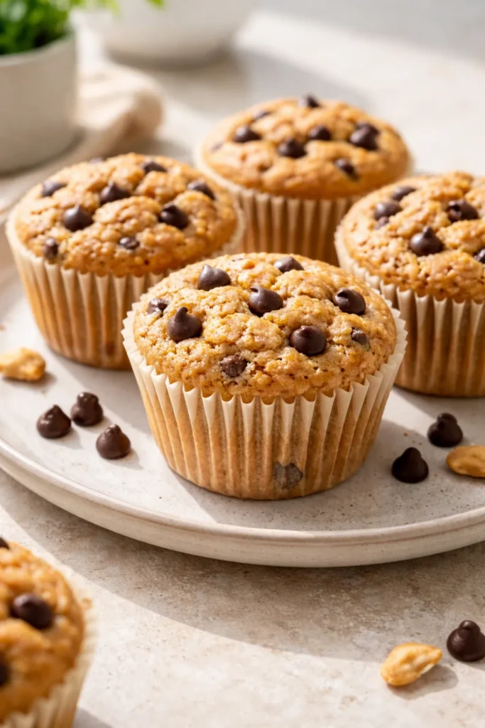 Five-ingredient almond flour protein muffins on a plate, showing dense crumb and chocolate chips.