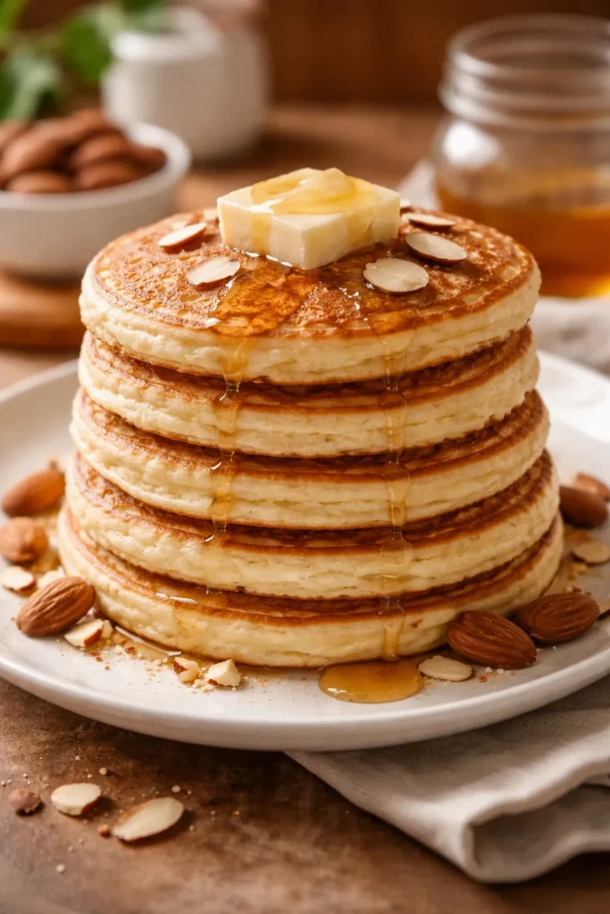 Stack of fluffy almond flour pancakes with butter