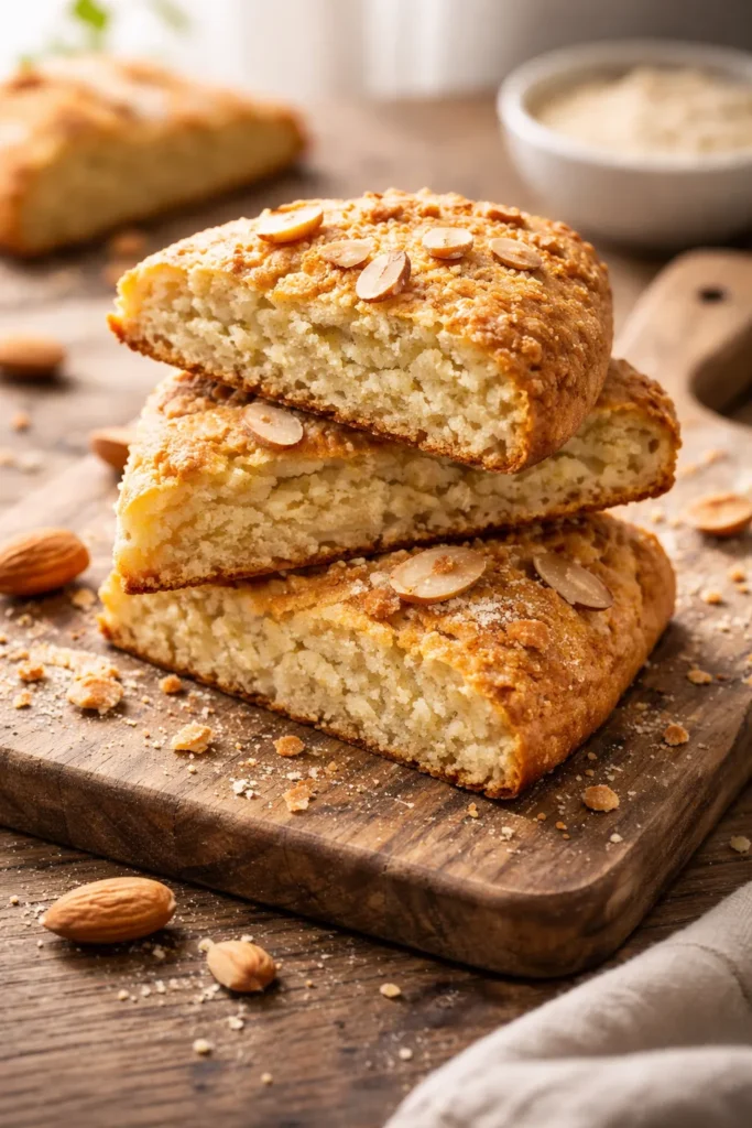 Golden almond flour scones with flaky texture on a rustic wooden board