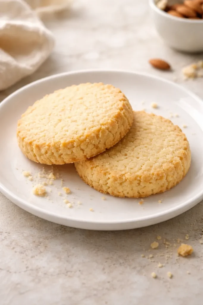 Close-up of almond flour shortbread cookies on a plate, buttery crumbly texture