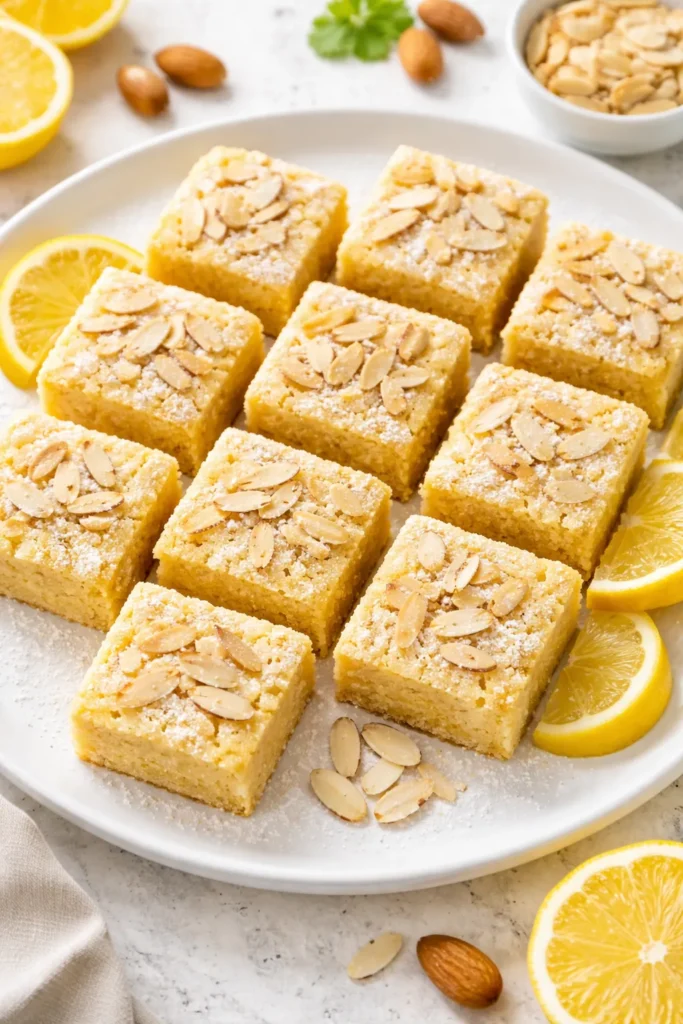 Lemon almond flour squares topped with slivered almonds on a plate