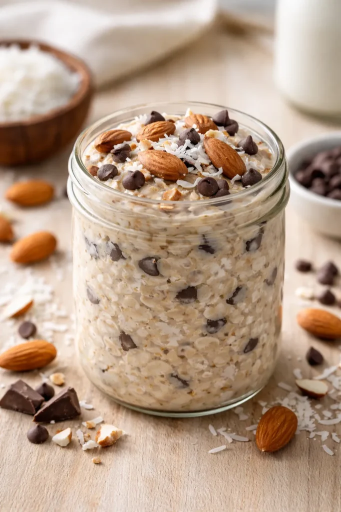 Almond Joy Overnight Oats with coconut, almonds and chocolate chips in a jar