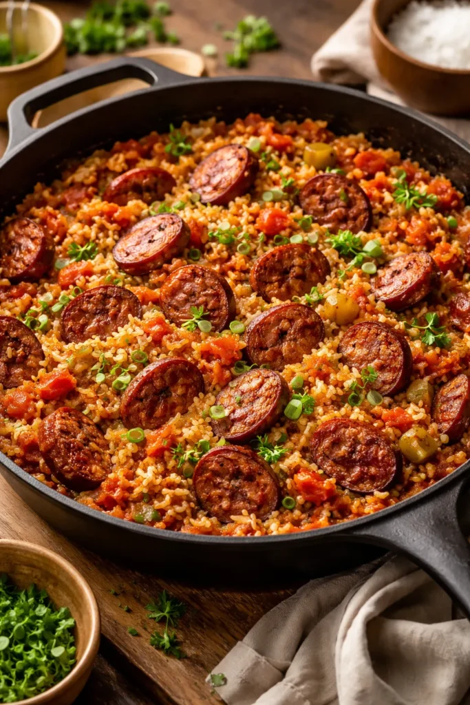 Skillet with browned sausage and rice in Cajun sauce
