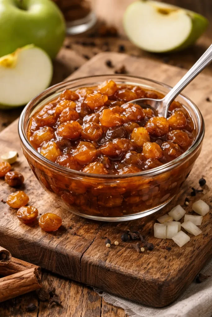 Amber apple chutney in a glass bowl on a rustic wooden board
