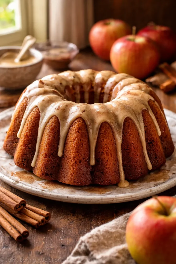 Close-up of apple cider Bundt cake with cinnamon glaze on rustic wood