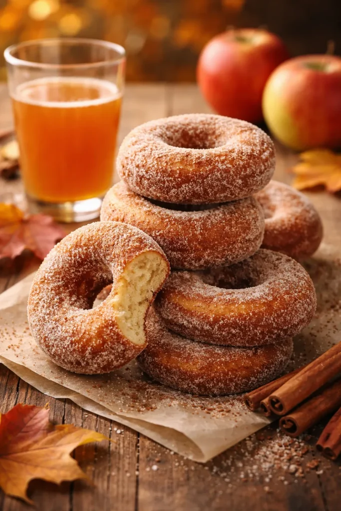 Soft cake-style apple cider doughnuts coated in a thick layer of cinnamon sugar.