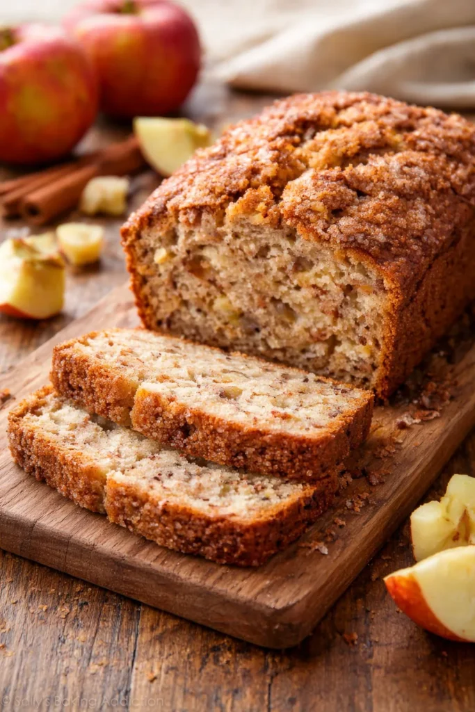 Apple cinnamon quick bread with apple chunks visible