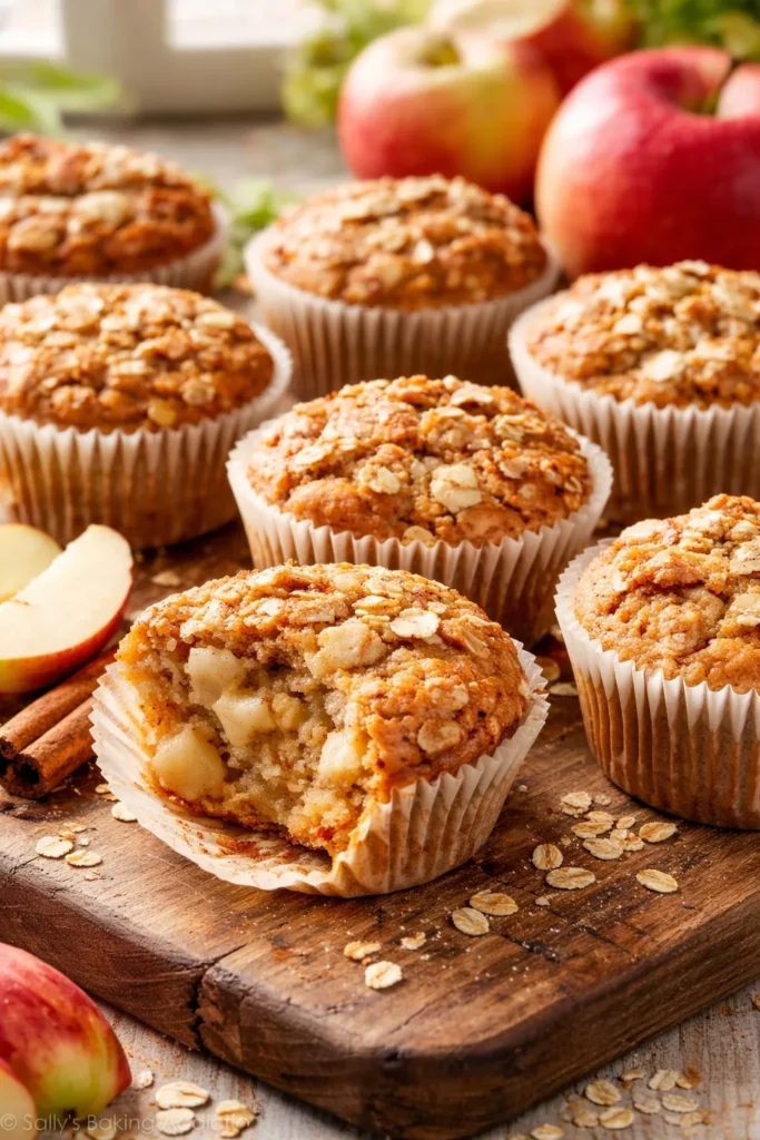 Close-up of moist apple cinnamon protein muffins with visible apple chunks and oats.