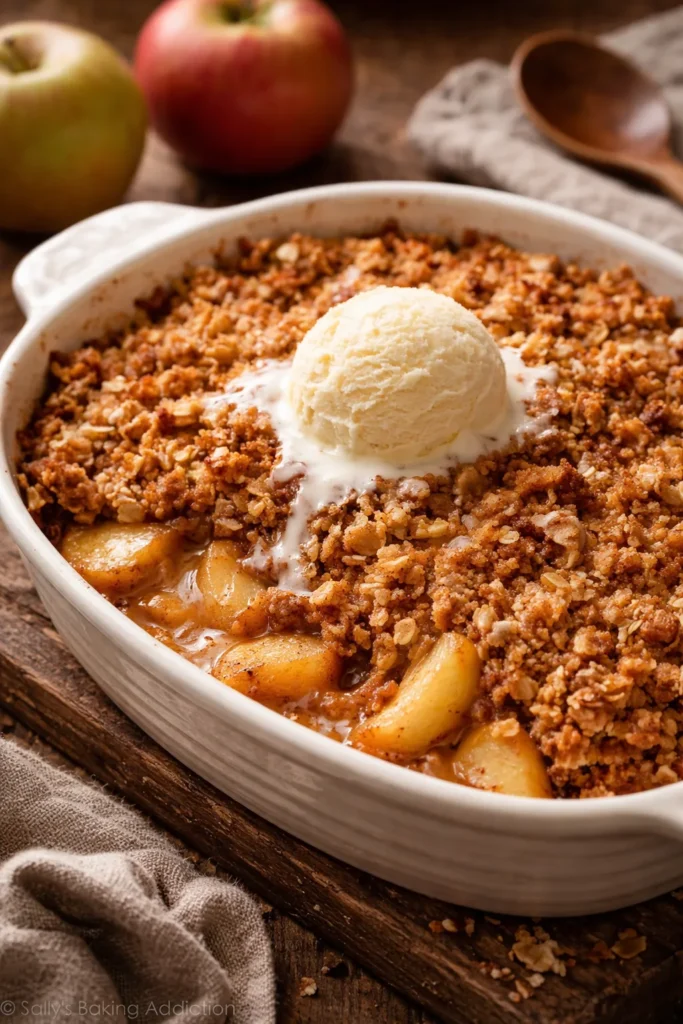 Warm apple crisp with a crunchy oat topping and melting vanilla ice cream in a baking dish.
