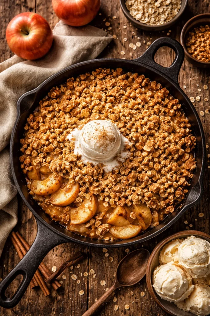 Apple crisp in a cast-iron skillet with crumb topping and tender apples