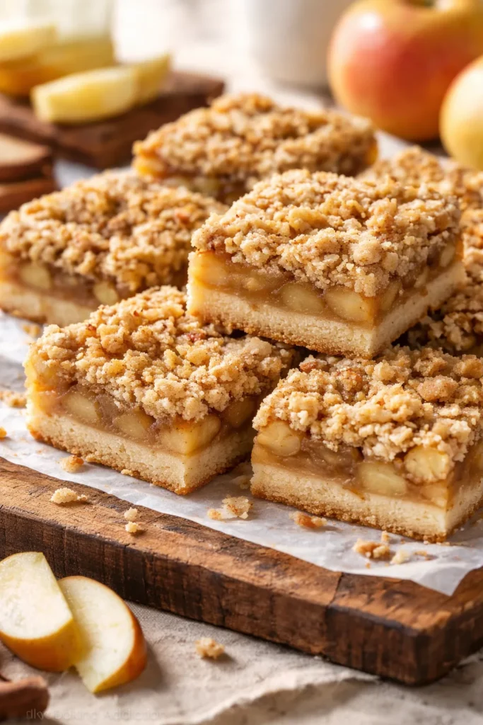 Layered apple crumb bars with a shortbread base and golden streusel topping.