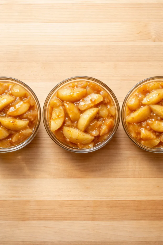 Close-up of apple pie filling in three bowls showing varied thickness on wood