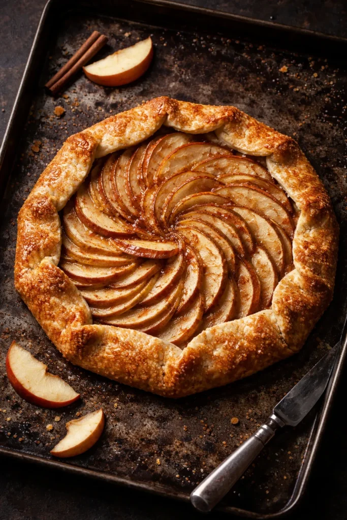 A rustic free-form apple galette with a sugared crust and spiraled apple slices.