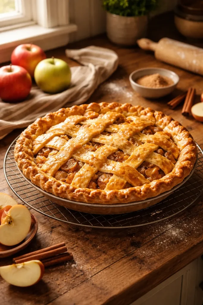 Single apple pie cooling on a wire rack in a warm kitchen