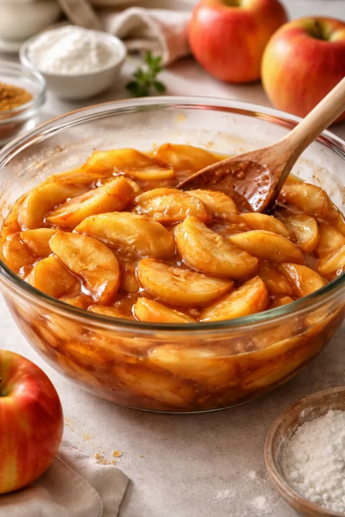 Glossy apple pie filling in a glass bowl