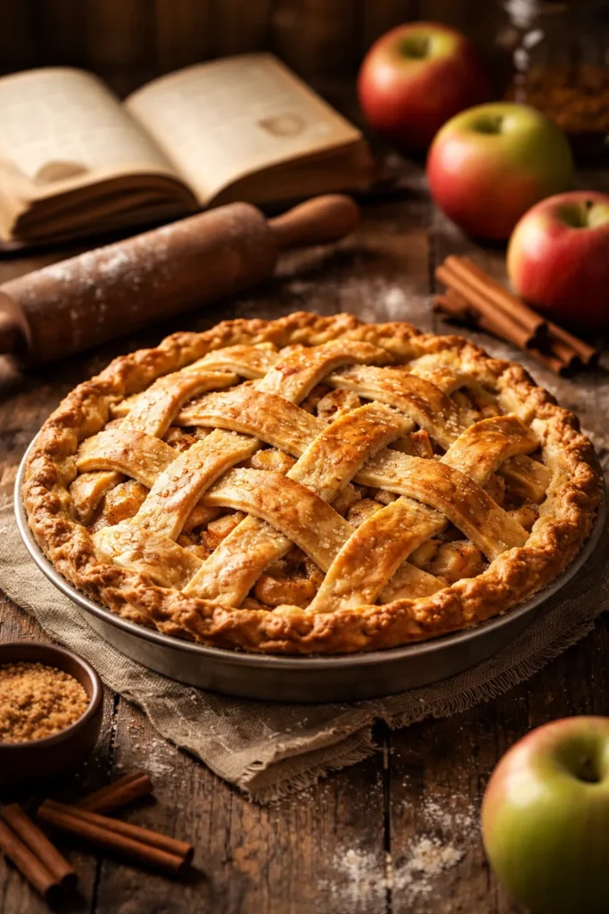 Classic apple pie on rustic table evokes history and home baking