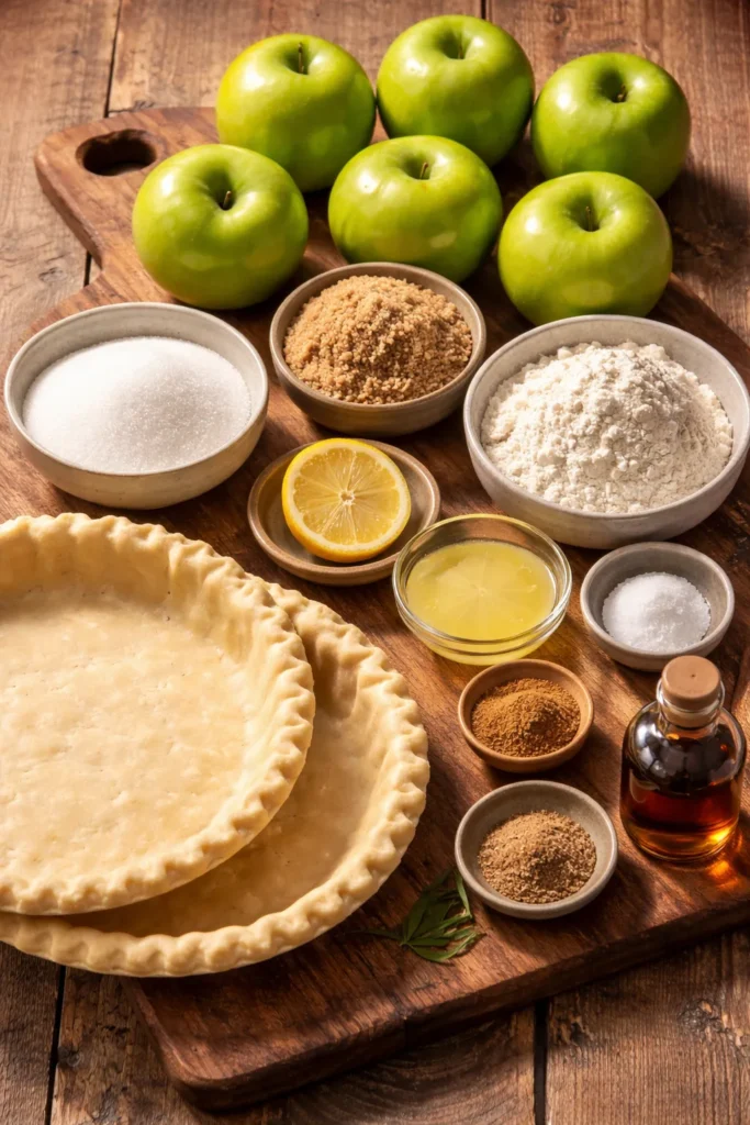 Top-down view of apple pie ingredients including apples, sugars, flour, spices, lemon, vanilla, and crusts.