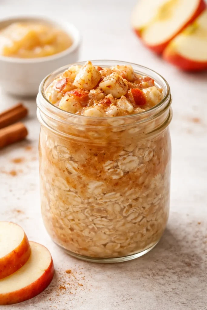 Overnight oats with applesauce swirl and cinnamon in a jar