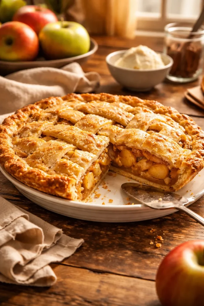 Finished apple pie on plate with slice removed, ready to serve