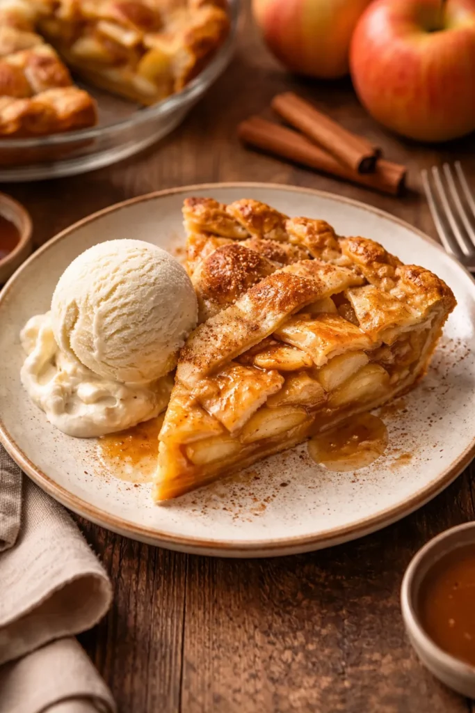 Slice of warm honeycrisp apple pie with vanilla ice cream on a wooden table.