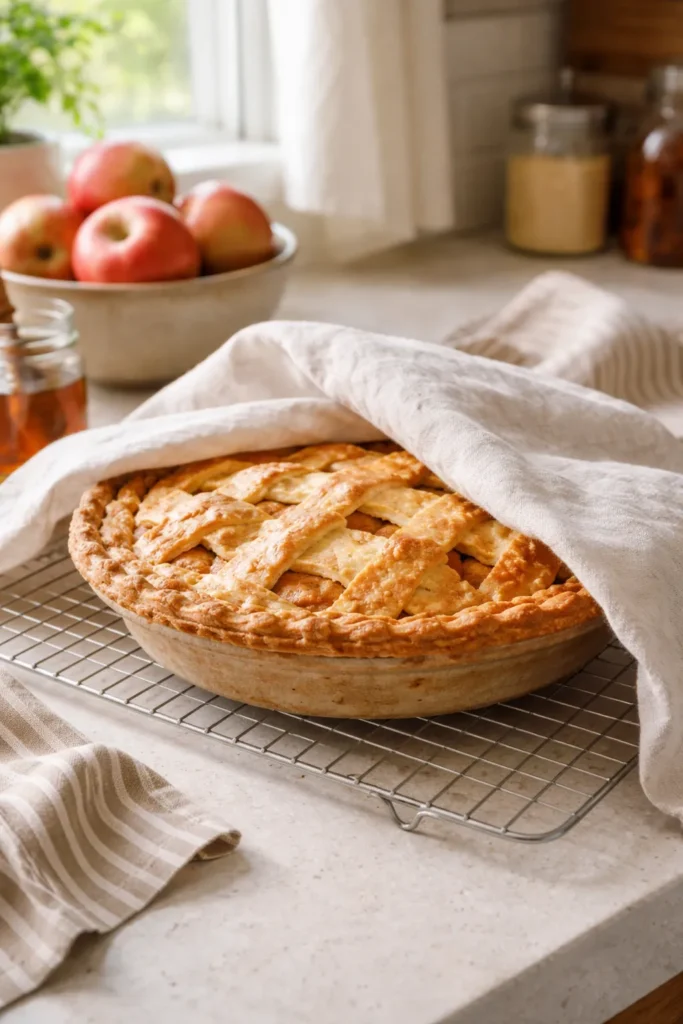 Fully cooled apple pie on a wire rack, loosely covered, ready for storage.