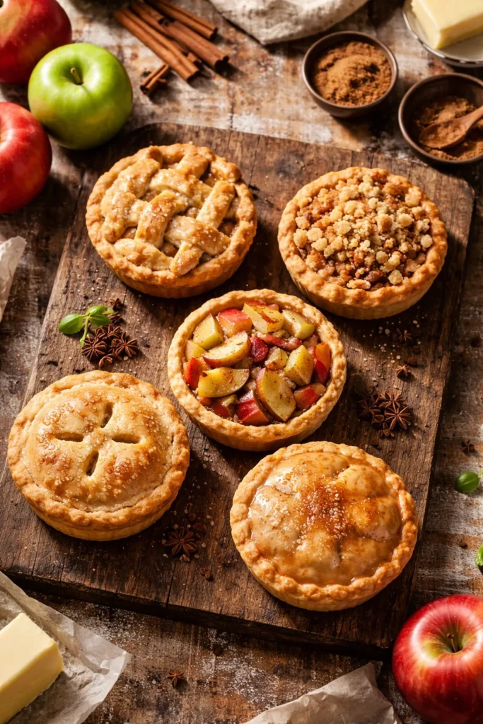 Five mini apple pies on a wooden board, each with a different crust variation