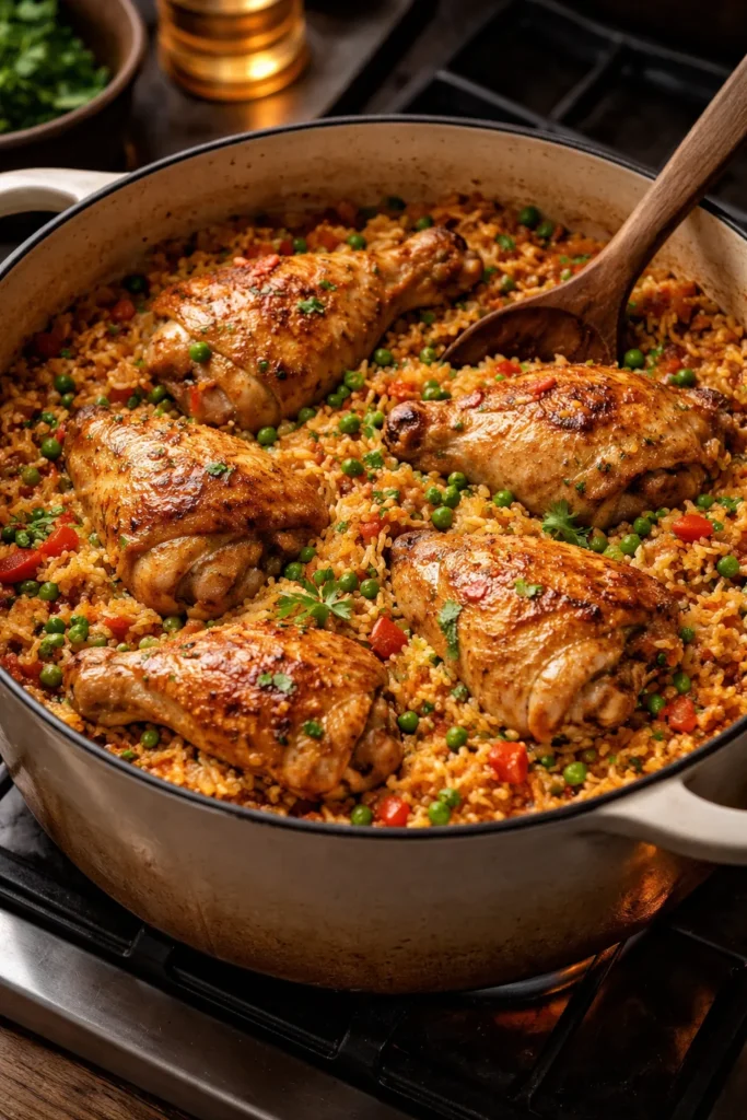 Arroz con pollo in a heavy pot with rice and chicken