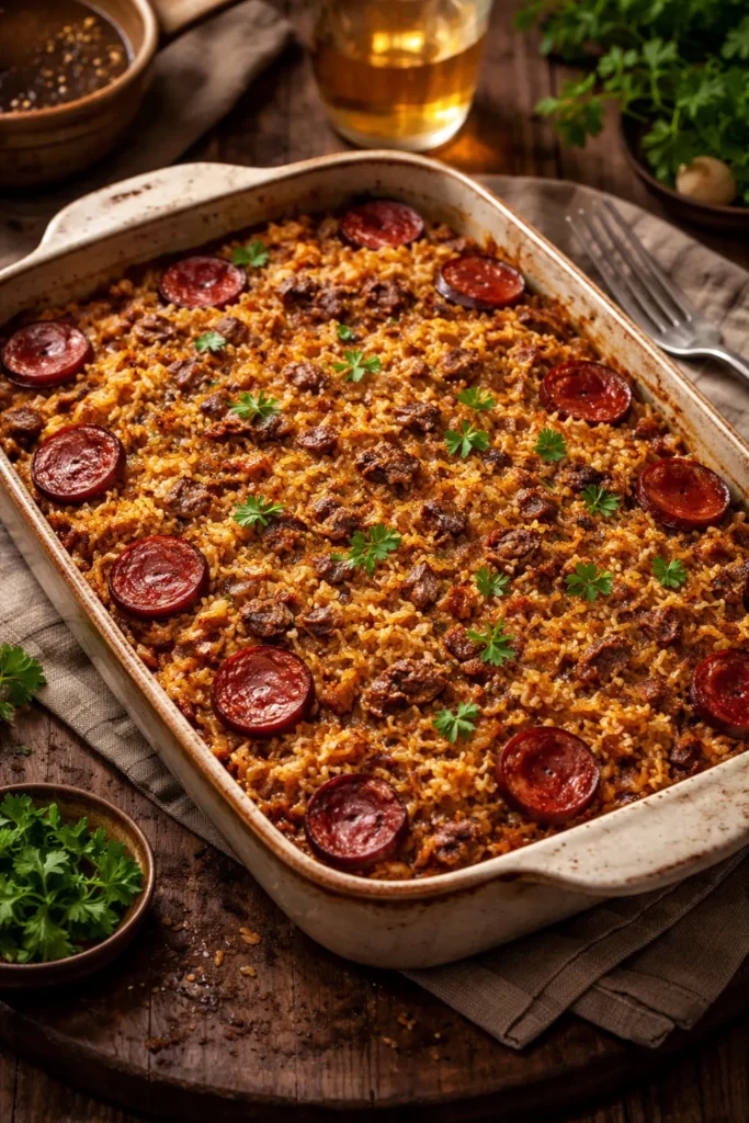 Duck rice baked in a dish with crispy top and chouriço
