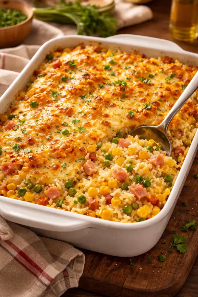 Arroz de Forno baked ham and cheese rice in a dish