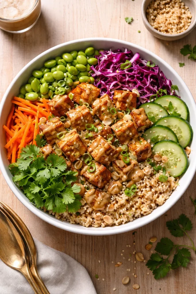 Asian-inspired brown rice bowl with vegetables, tofu and peanut sauce