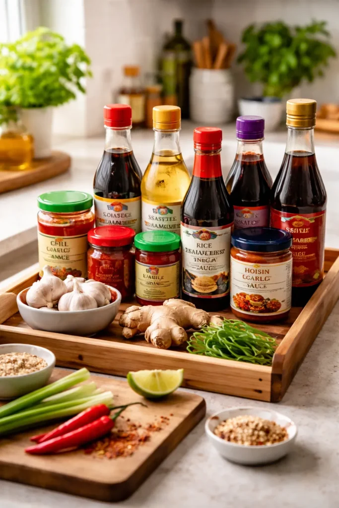 Neatly organized Asian pantry with essential sauces and aromatics
