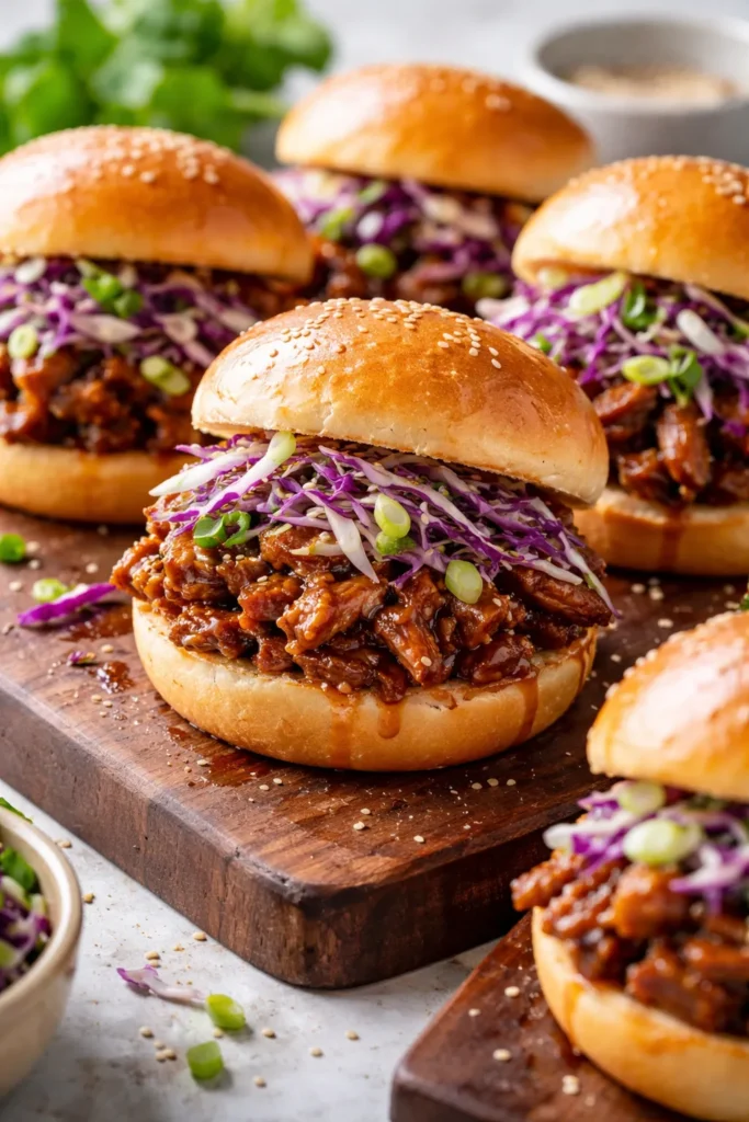 Asian-style pulled pork sliders with sesame slaw on buns