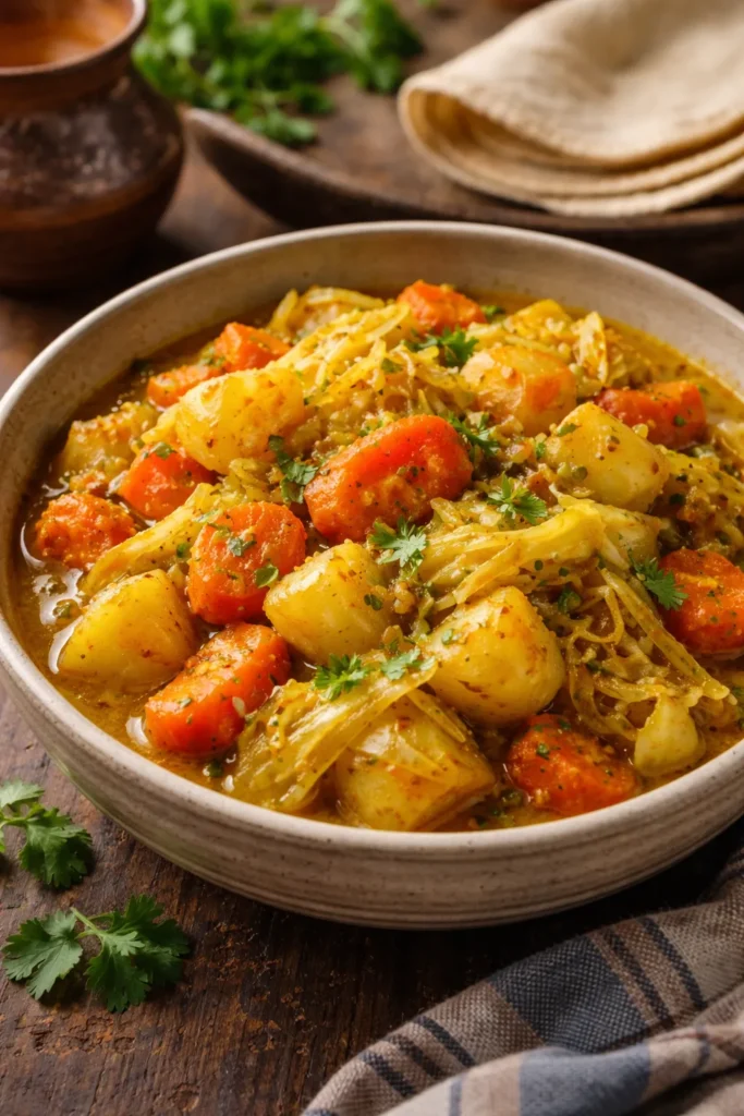 Colorful vegetable stew of potatoes, cabbage, and carrots in turmeric sauce