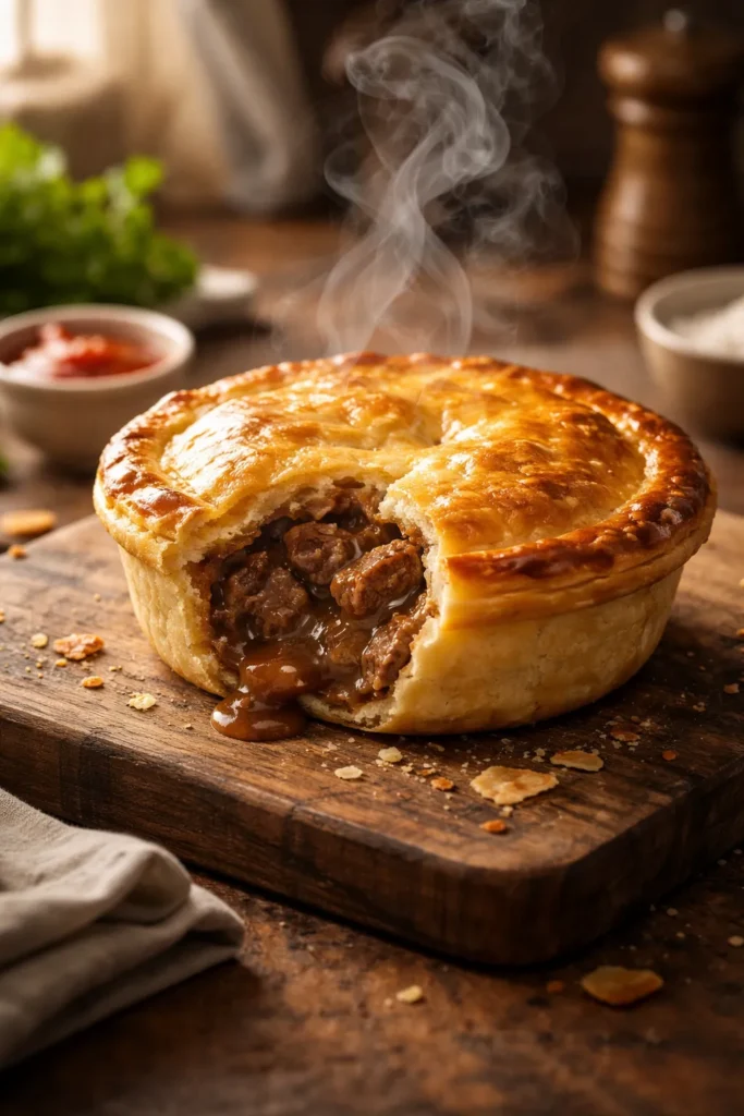 Close-up of a homemade Australian meat pie with a butter crust on a wooden board, steam rising